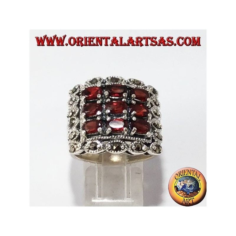 Silber Ring, mit 9 natürlichen Granat oval und Markasit