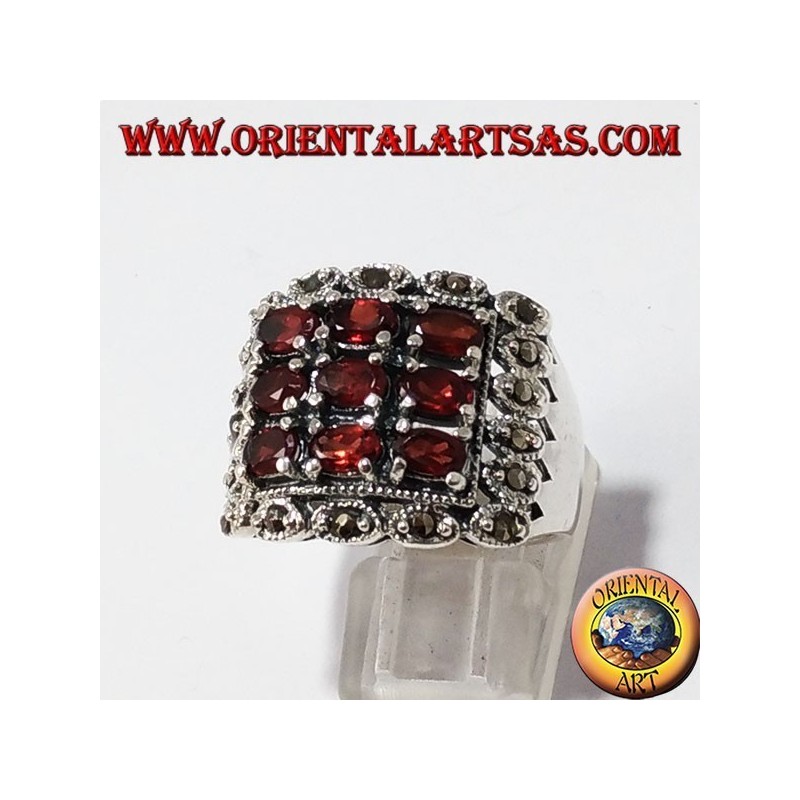 Silber Ring, mit 9 natürlichen Granat oval und Markasit