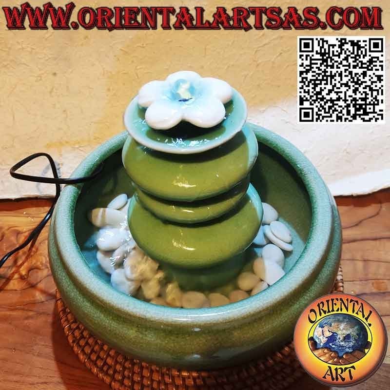 Indoor Zen fountain "tower with lotus flower" in green ceramic