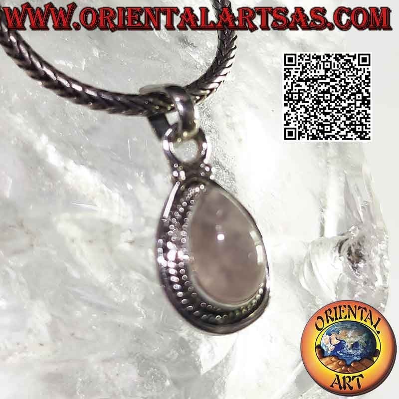 Silver pendant with rose quartz drop cabochon surrounded by intertwining and smooth line