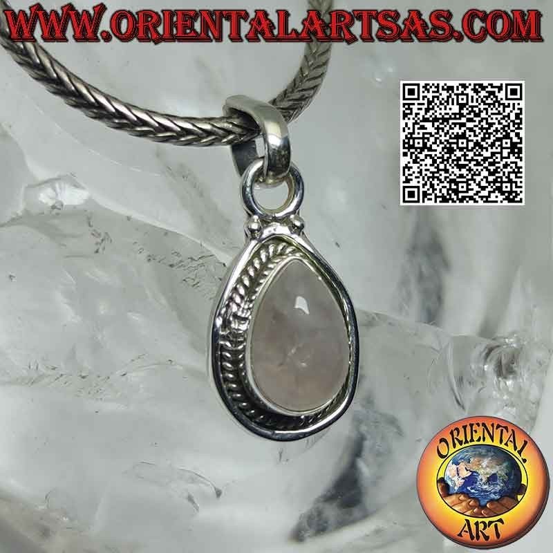 Colgante de plata con cabujón gota de cuarzo rosa rodeado de entrelazado y línea suave