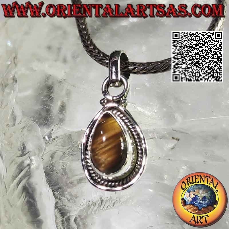 Ciondolo in argento con occhio di tigre a goccia cabochon contornato da intreccio e riga liscia