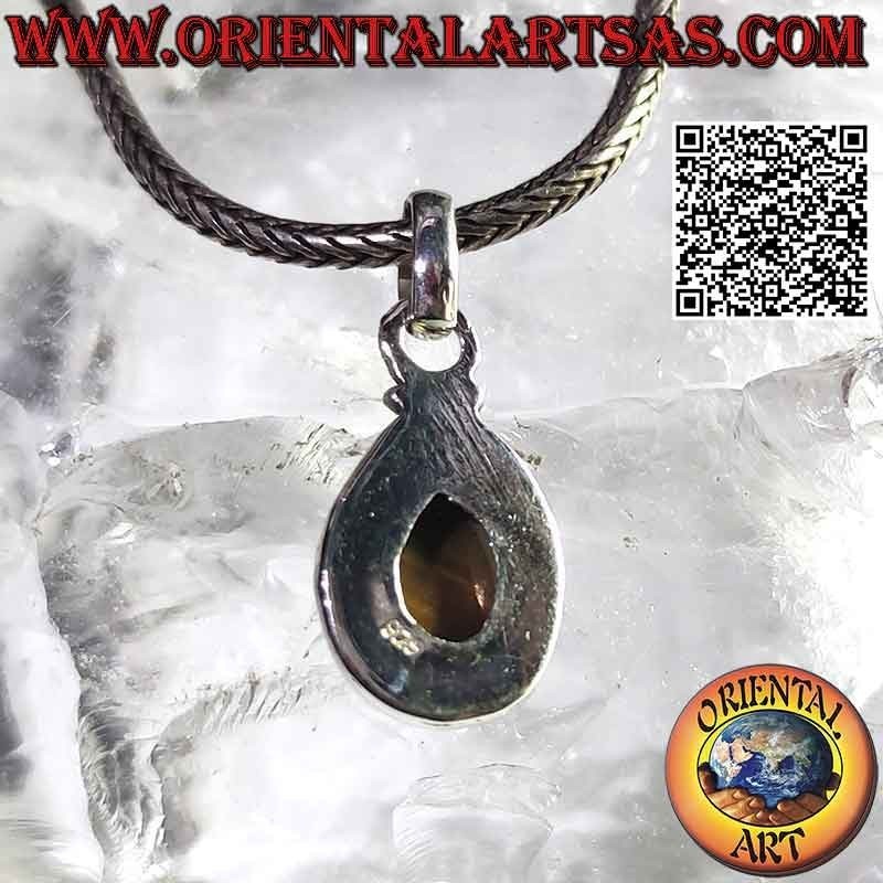 Pendentif en argent avec cabochon goutte oeil de tigre entouré d'entrelacs et ligne lisse