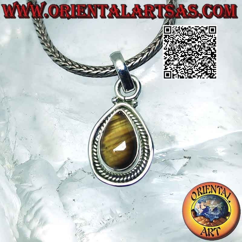 Colgante de plata con cabujón gota ojo de tigre rodeado de entrelazado y línea suave