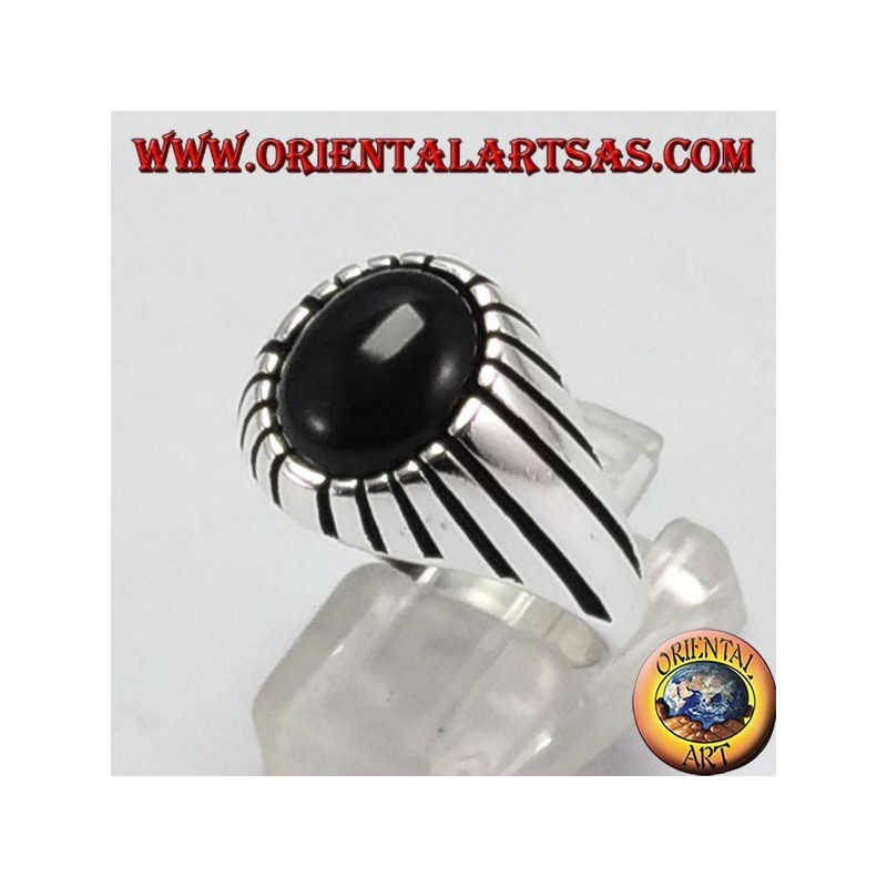 Men's silver ring with oval onyx