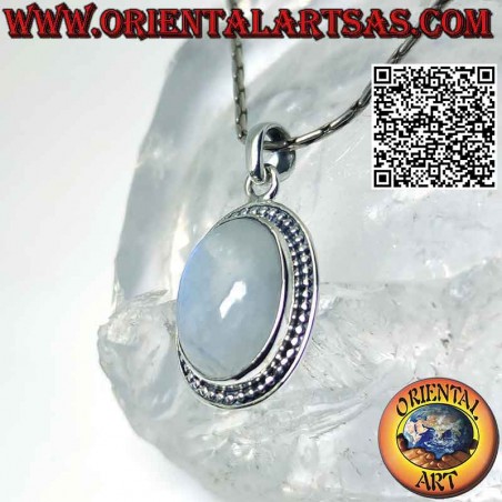 Silver pendant with large oval rainbow moonstone surrounded by spheres