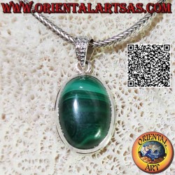 Silver pendant with a large beautiful oval malachite in a simple smooth setting