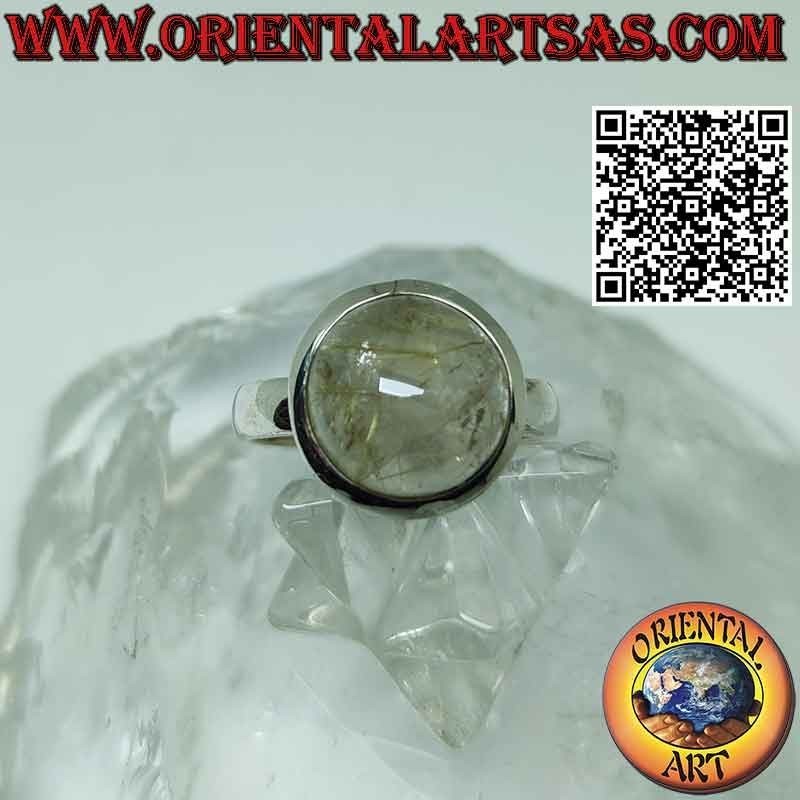Anello in argento con quarzo rutilato (golden quartz) tondo cabochon e bordo liscio
