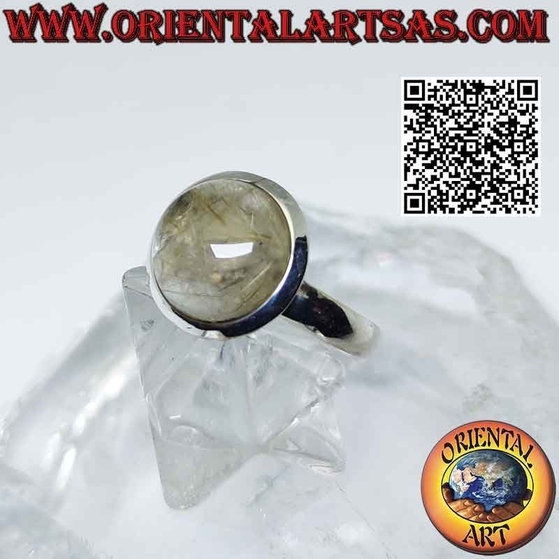 Bague en argent avec cabochon rond en quartz rutile (quartz doré) et bord lisse