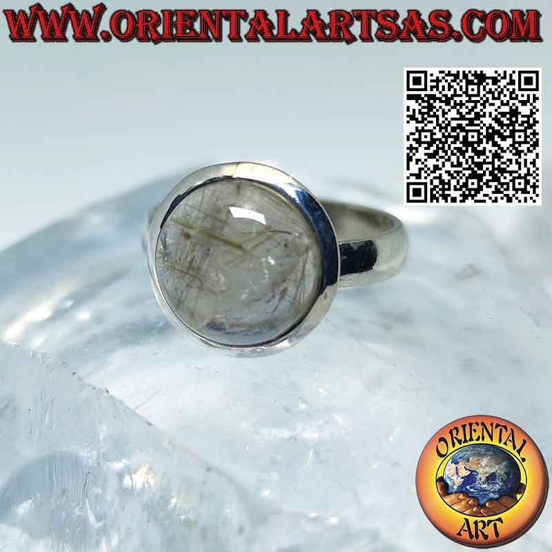 Anillo de plata con cabujón redondo de cuarzo rutilado (cuarzo dorado) y borde liso