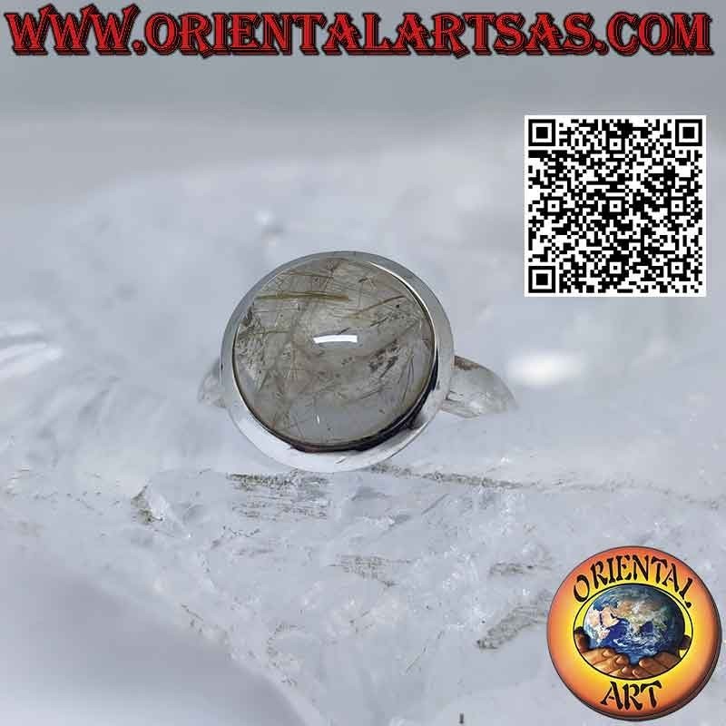Silver ring with rutilated quartz (golden quartz) round cabochon and smooth edge