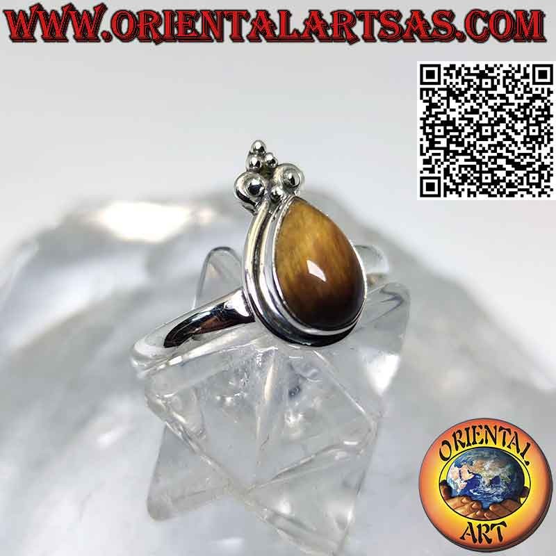 Anillo de plata con ojo de tigre en forma de lágrima con borde liso y corona de lirio