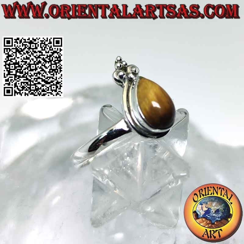 Anillo de plata con ojo de tigre en forma de lágrima con borde liso y corona de lirio