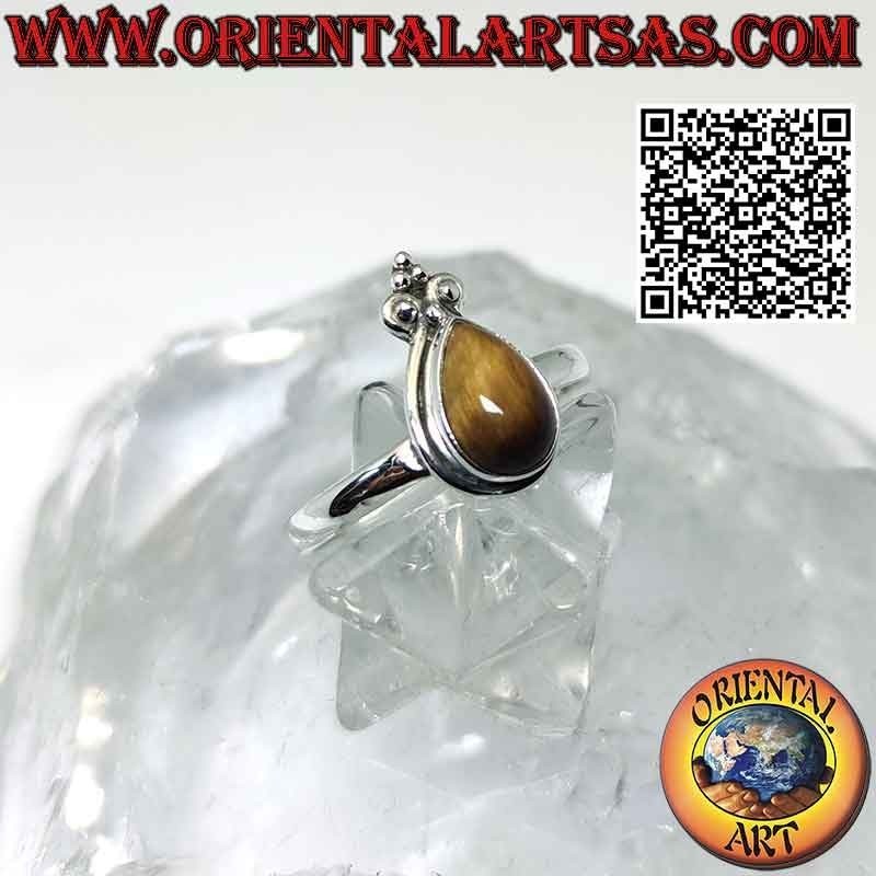 Anello in argento con occhio di tigre a goccia a bordo liscio e giglio a corona