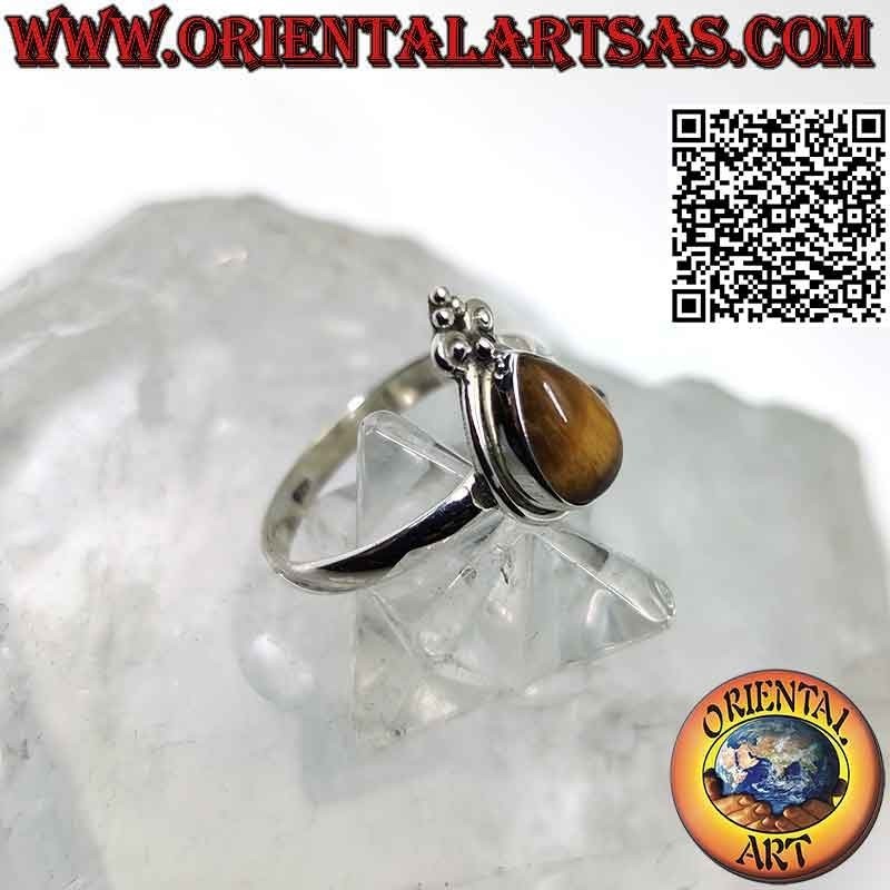 Anillo de plata con ojo de tigre en forma de lágrima con borde liso y corona de lirio