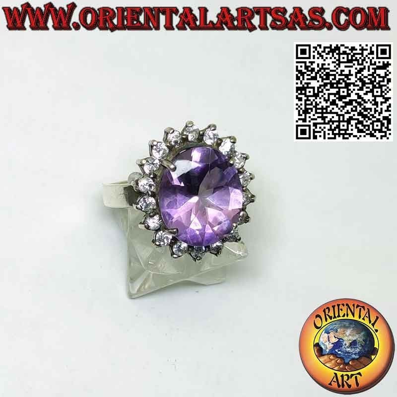 Silver ring with beautiful natural amethyst with round zircons