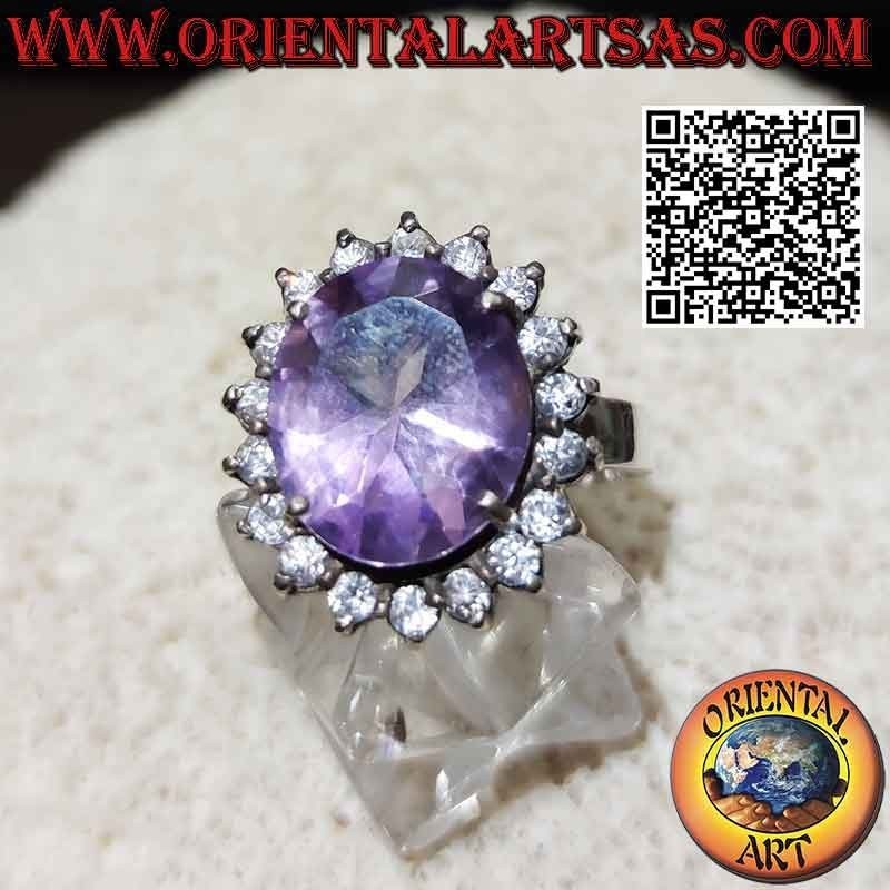 Anillo de plata con preciosa amatista natural con circonitas redondas