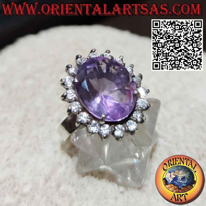 Anillo de plata con preciosa amatista natural con circonitas redondas