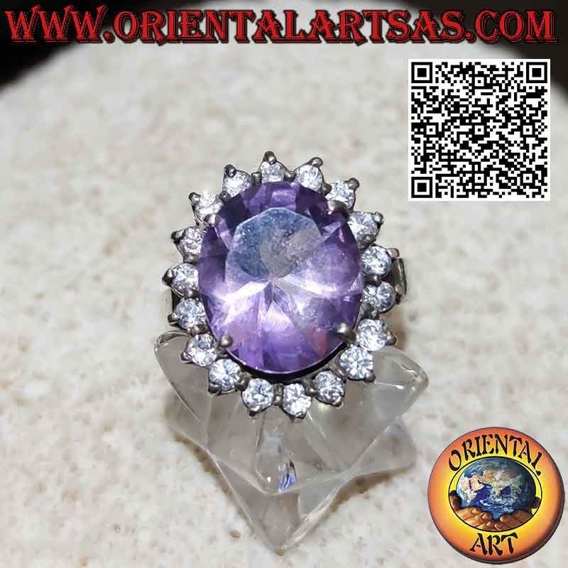 Silver ring with beautiful natural amethyst with round zircons
