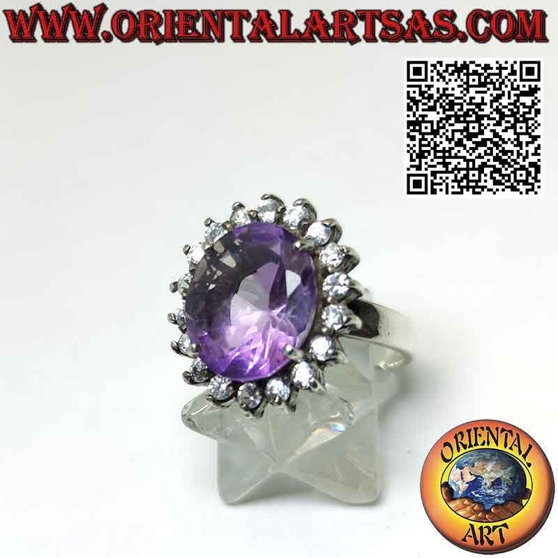 Anillo de plata con preciosa amatista natural con circonitas redondas
