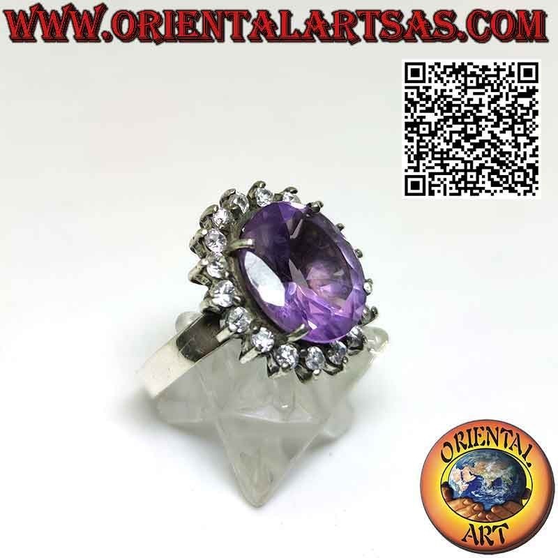 Silver ring with beautiful natural amethyst with round zircons