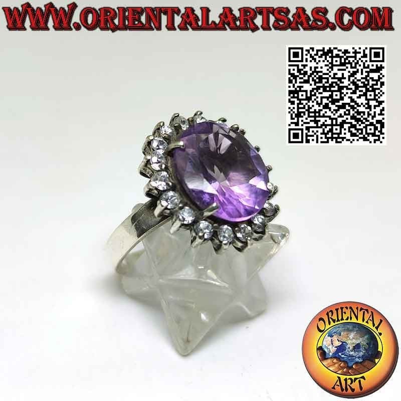 Anillo de plata con preciosa amatista natural con circonitas redondas