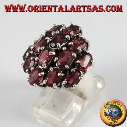 Silver ring with 14 oval natural garnets