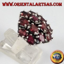 Silver ring with 14 oval natural garnets