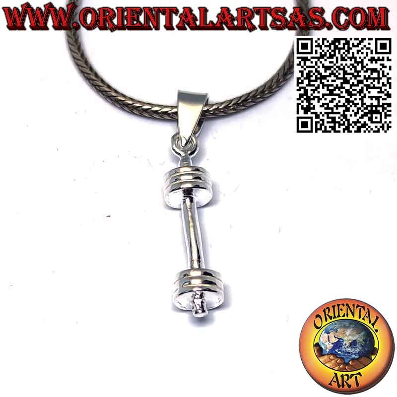 Silver pendant in the shape of a dumbbell (barbell) gym tool
