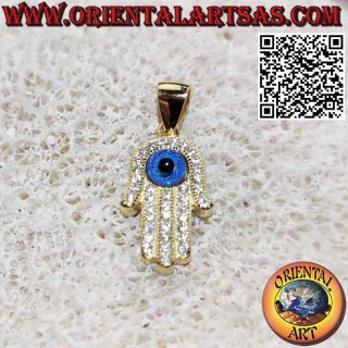 Pendentif en argent plaqué or, main de fatima avec oeil et zircons