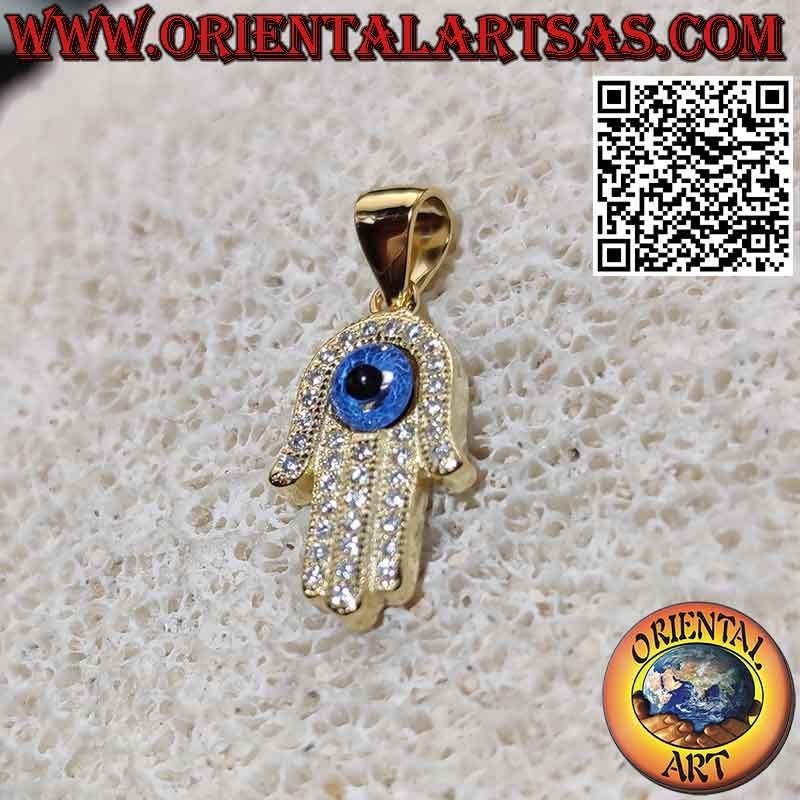 Colgante de plata con baño de oro, mano de fatima con ojo y circonitas