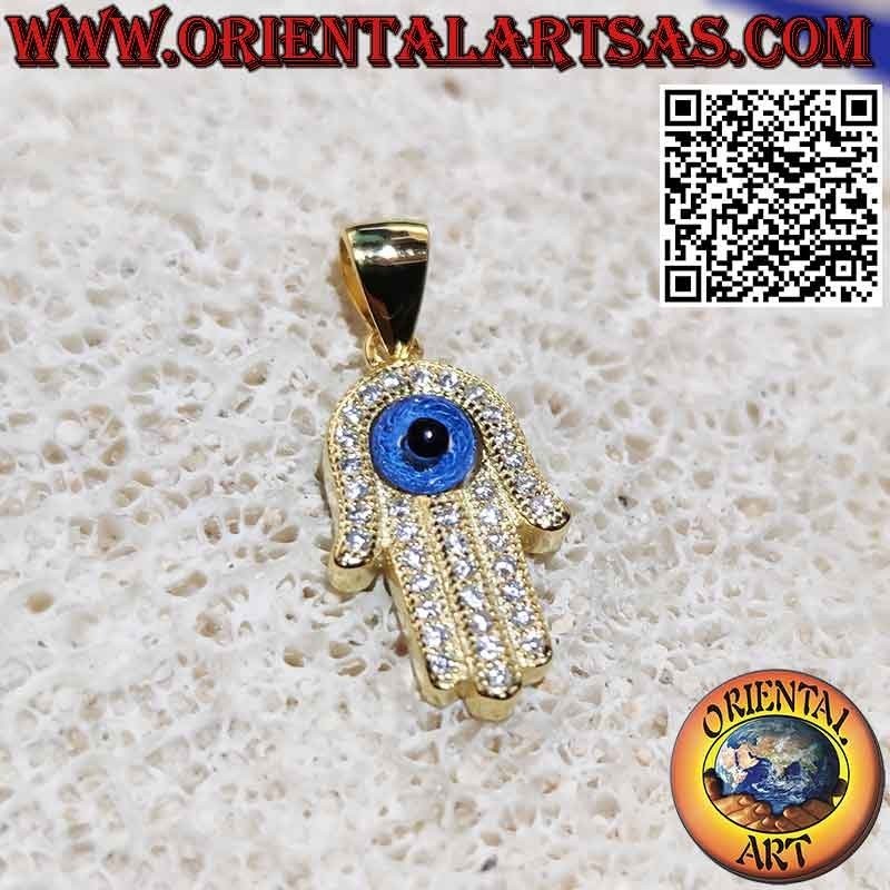 Anhänger aus vergoldetem Silber, Hand der Fatima mit Auge und Zirkonen