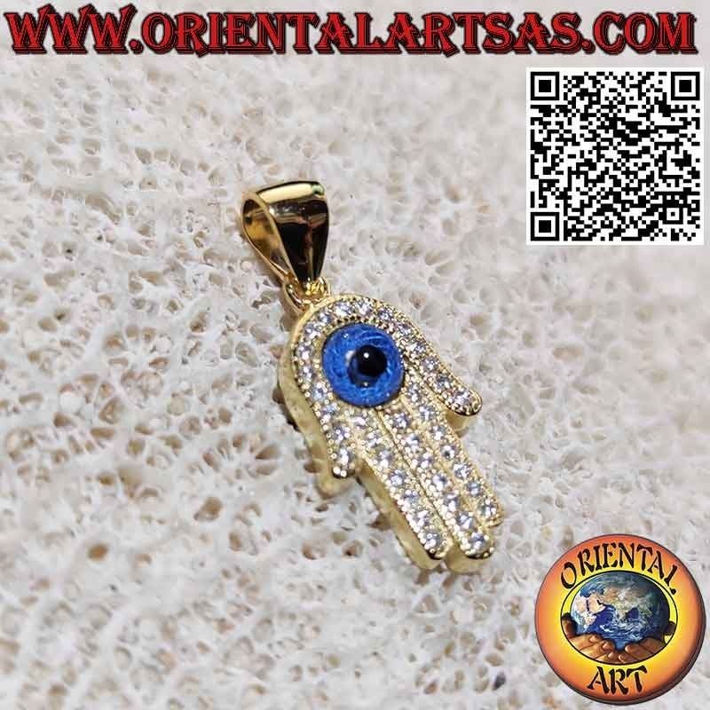 Colgante de plata con baño de oro, mano de fatima con ojo y circonitas
