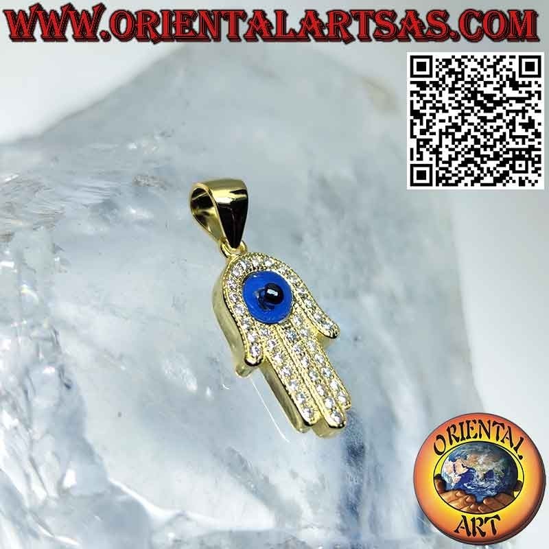 Pendentif en argent plaqué or, main de fatima avec oeil et zircons