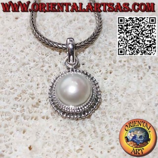 Colgante de plata con perla rodeada de doble tejido y microesferas