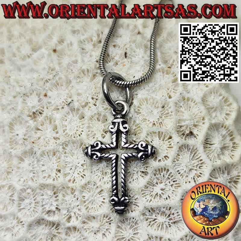 Ciondolo in argento, croce cristiana con giglio