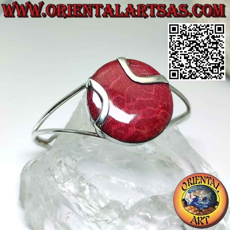 Starres Silberarmband mit runder roter Madrepora (Koralle).
