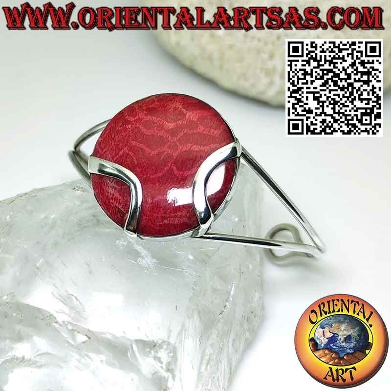 Rigid silver bracelet with round red madrepora (coral).