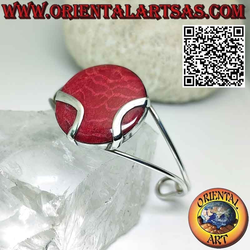Pulsera rígida de plata con madrépora roja redonda (coral).