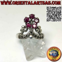 Silver crown ring with 5 round natural rubies and marcasite