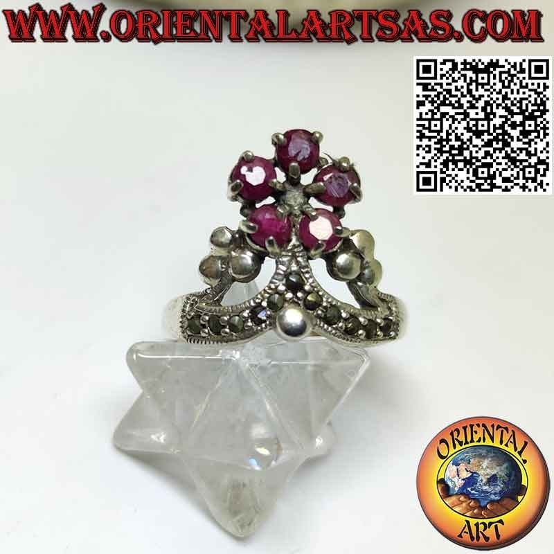 Silver crown ring with 5 round natural rubies and marcasite