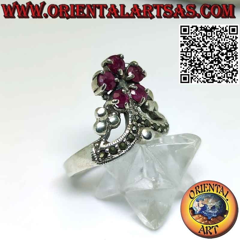 Silver crown ring with 5 round natural rubies and marcasite