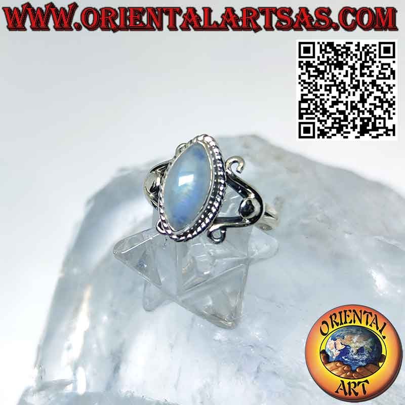 Silver ring with shuttle moonstone in U-shaped setting