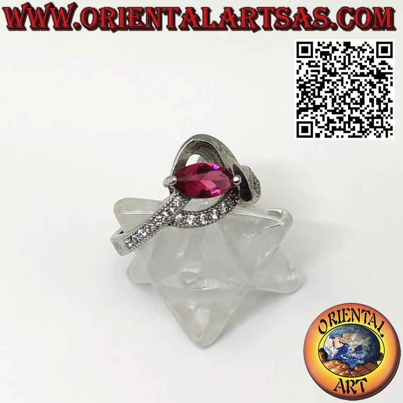 Silver ring with shuttle ruby and zircons in a beautiful setting