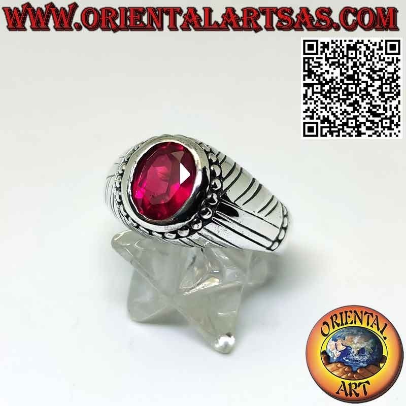 Silver ring with studded synthetic ruby and striped on the sides