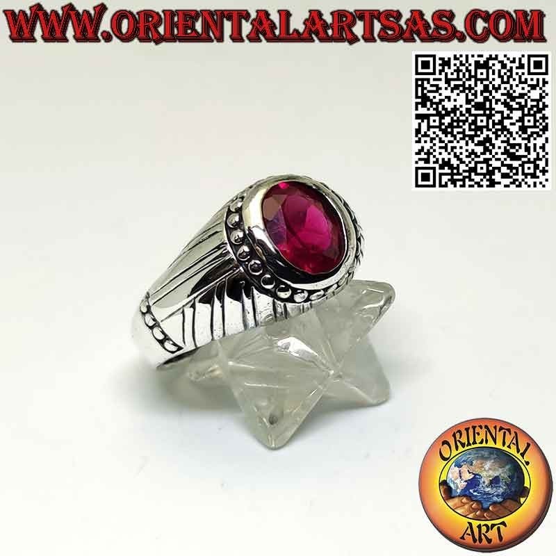 Silver ring with studded synthetic ruby and striped on the sides