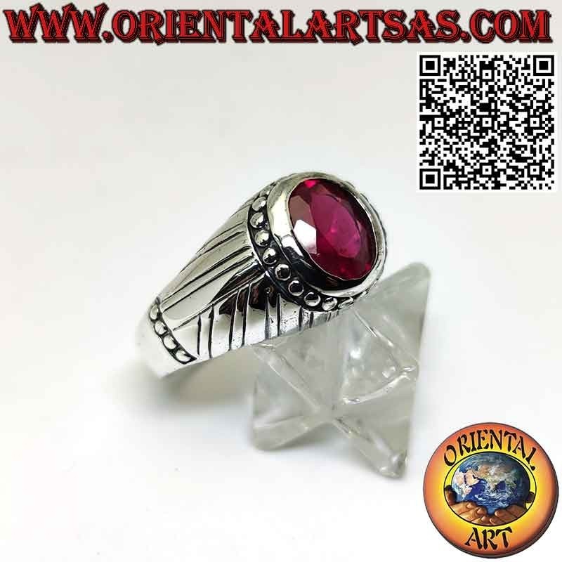 Silver ring with studded synthetic ruby and striped on the sides