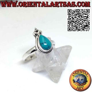 Anillo de plata con gota turquesa con borde liso y corona de lirio