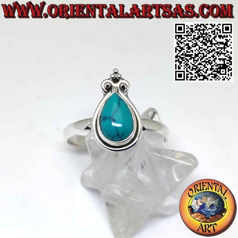 Silver ring with droplet turquoise with smooth edge and crown lily