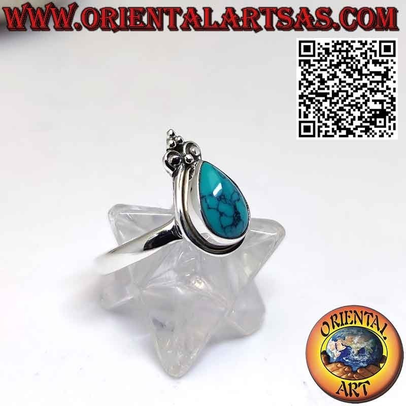 Bague en argent avec turquoise gouttelette à bord lisse et couronne de lys